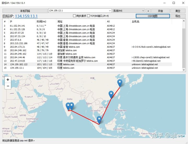 Telstra 到印度路由追踪